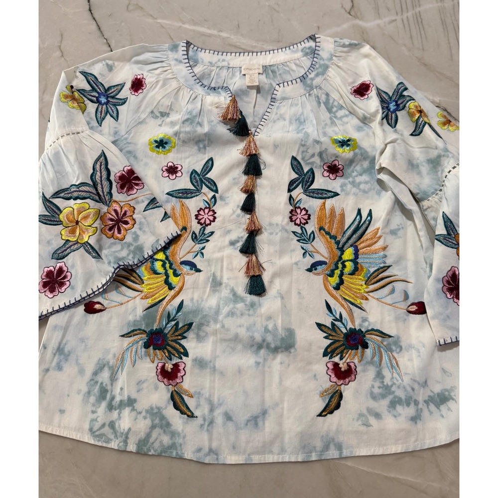 Chicos Embroidered Bird Floral Tassel Blouse Blue White Tie Dye Petite 1P Cotton